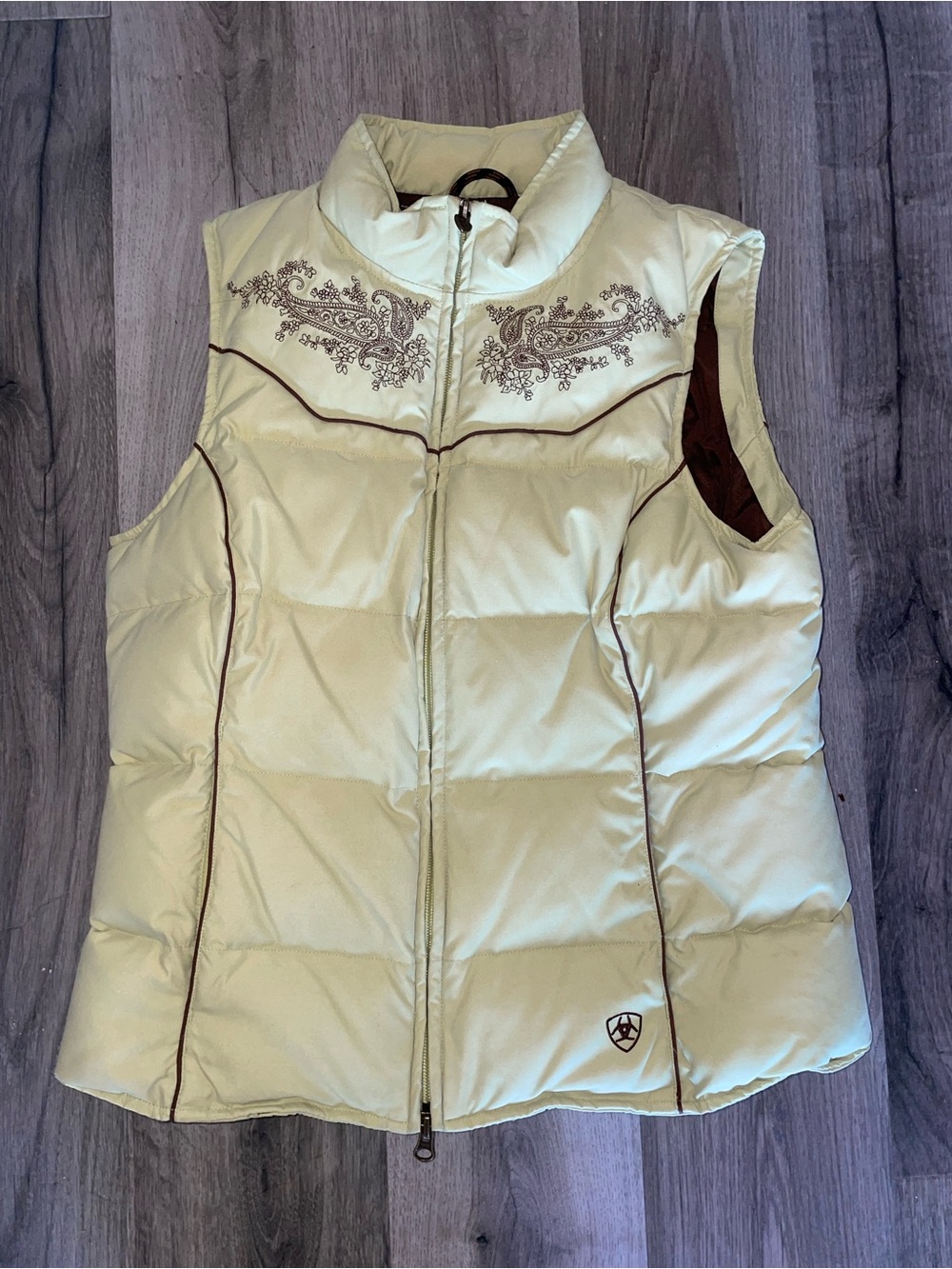 Ariat Cream Quilted Puffer Vest with Brown Trim and Embroidered Yoke